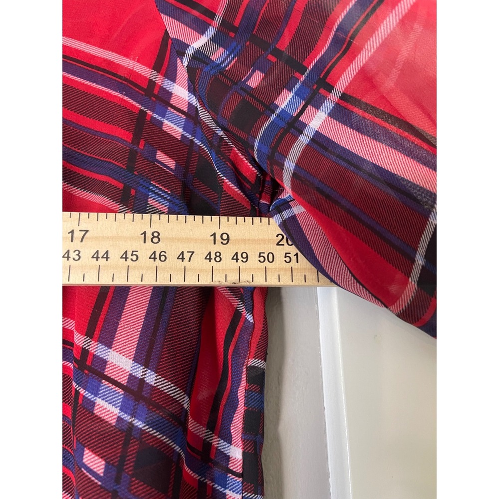No Boundaries Womens Red Plaid Sheer Roll Tab Sleeve High Low Blouse Size M 7-9 - Picture 6 of 7